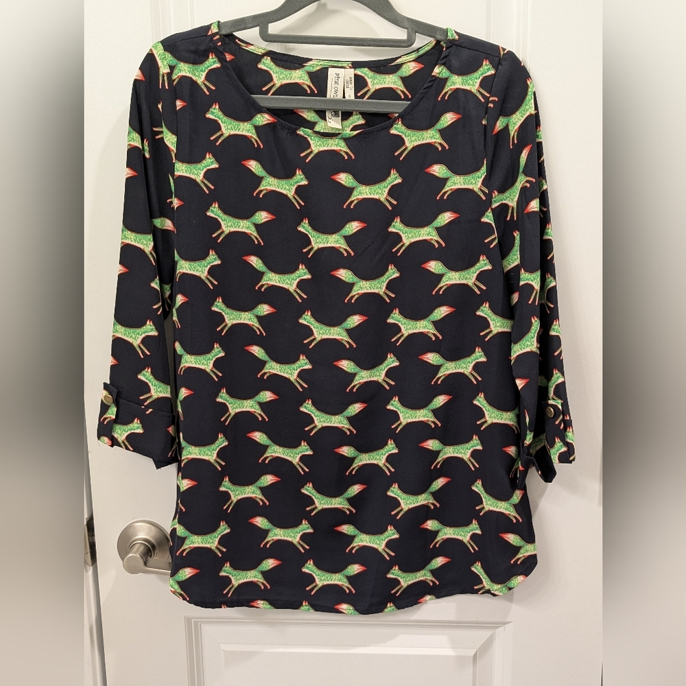 Pink Owl Navy and Green Boxy 3/4 Sleeve Blouse
